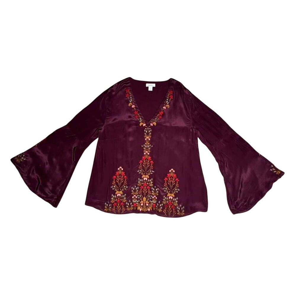 Sundance Embroidered Blouse Women's Small Burgundy V-Neck Bell Sleeve Boho - Picture 6 of 12